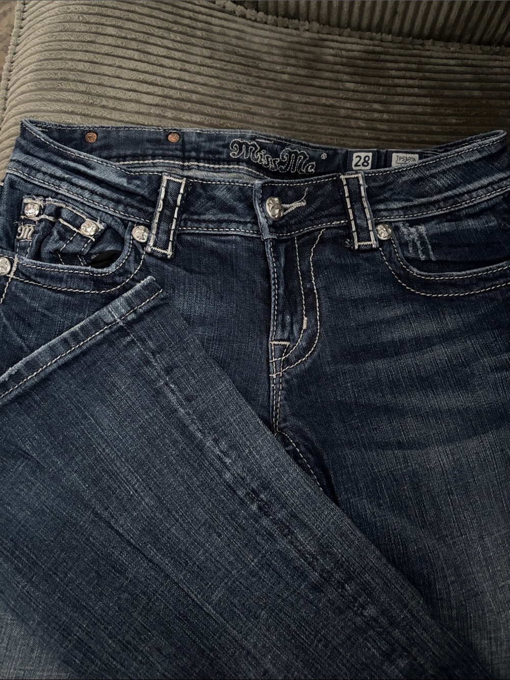 Miss Me Dark Blue Boot Cut Jeans with Embellished Pockets